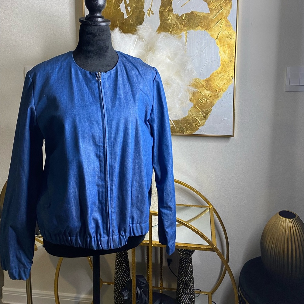 Zip Up crew Neck Long-sleeve Denim Jacket